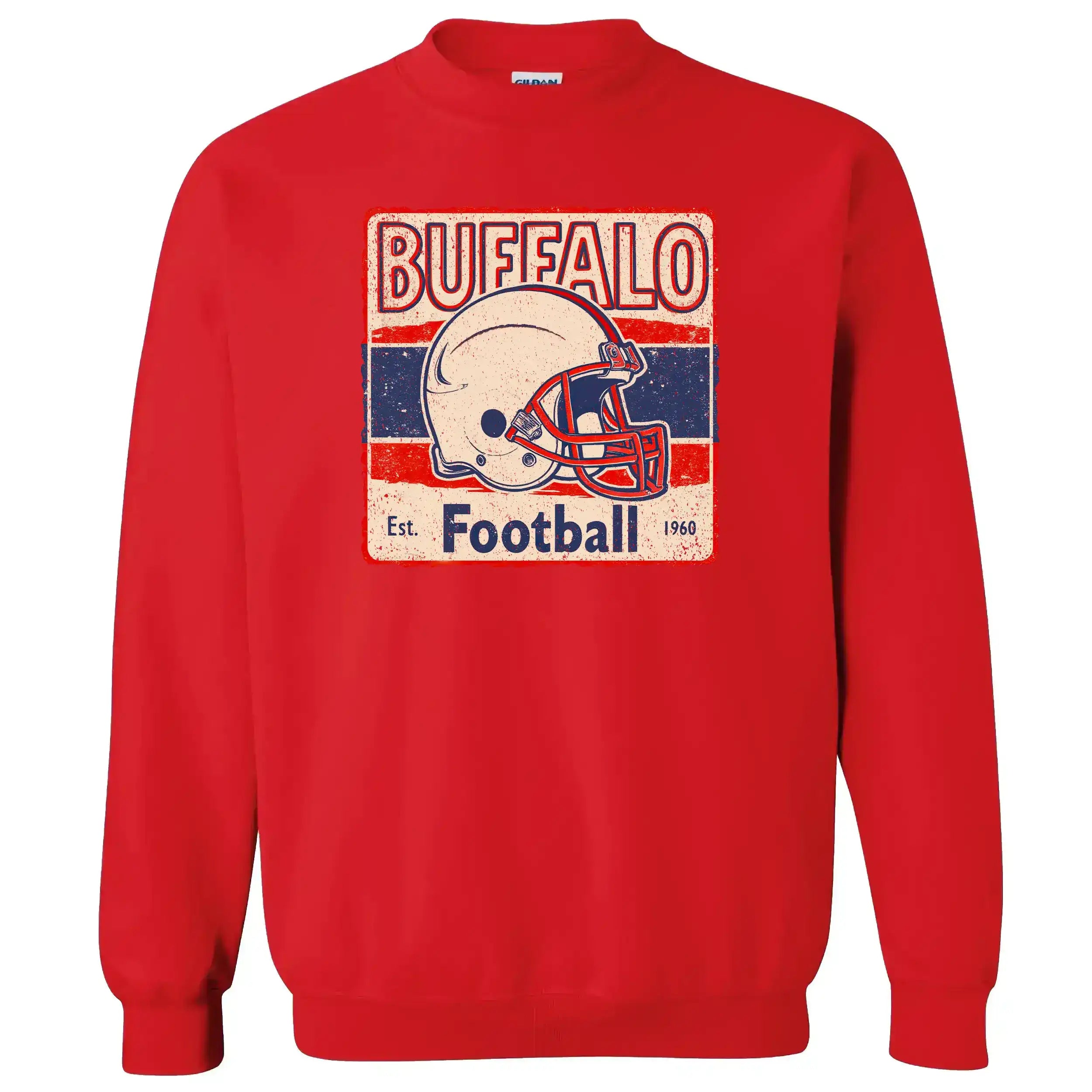 Retro Buffalo Football flat lay, old-school muted helmet design, vintage team pride sweatshirt