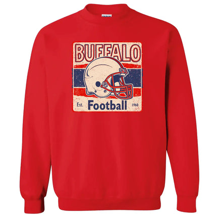 Retro Buffalo Football flat lay, old-school muted helmet design, vintage team pride sweatshirt