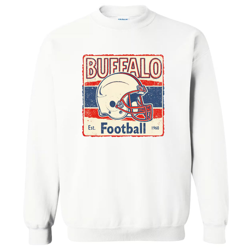Retro Buffalo Football flat lay, classic muted helmet design, nostalgic team fan sweatshirt