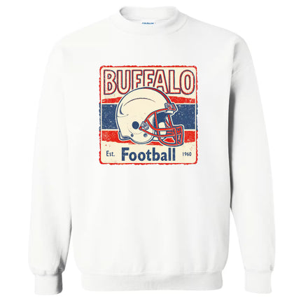 Retro Buffalo Football flat lay, classic muted helmet design, nostalgic team fan sweatshirt