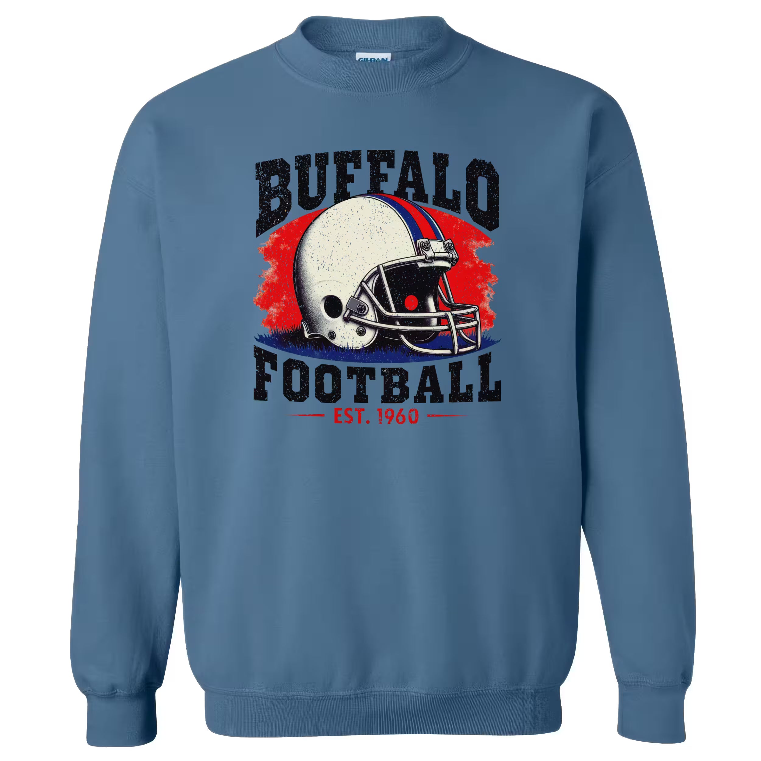Indigo vintage Buffalo football sweatshirt flat lay, bold EST 1960 graphic on chest