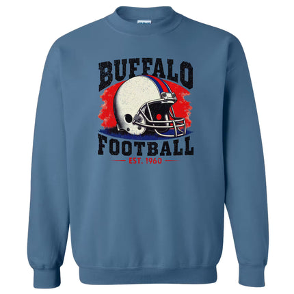 Indigo vintage Buffalo football sweatshirt flat lay, bold EST 1960 graphic on chest