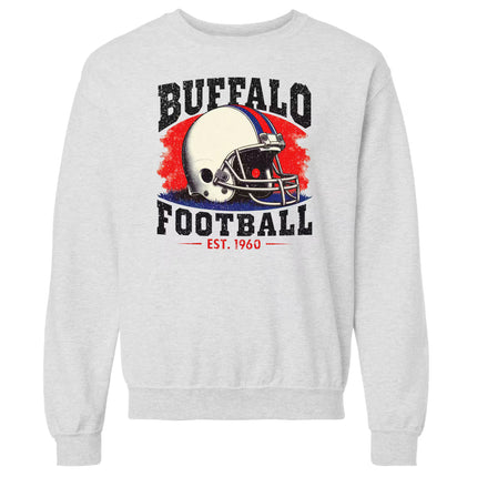 Light gray classic Buffalo football sweatshirt flat lay, colorblock red and blue design