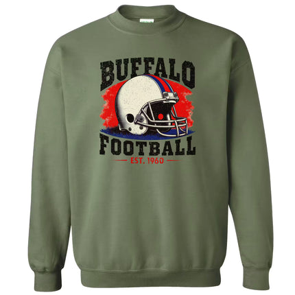 Military green Buffalo football sweatshirt flat lay with white helmet and retro lettering