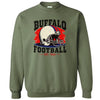Military green Buffalo football sweatshirt flat lay with white helmet and retro lettering