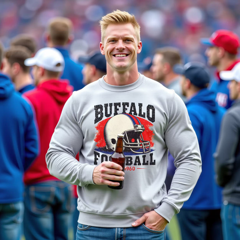 Male model wearing light gray Buffalo football sweatshirt with retro helmet graphic, standing on football field drinking beer