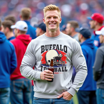 Male model wearing light gray Buffalo football sweatshirt with retro helmet graphic, standing on football field drinking beer