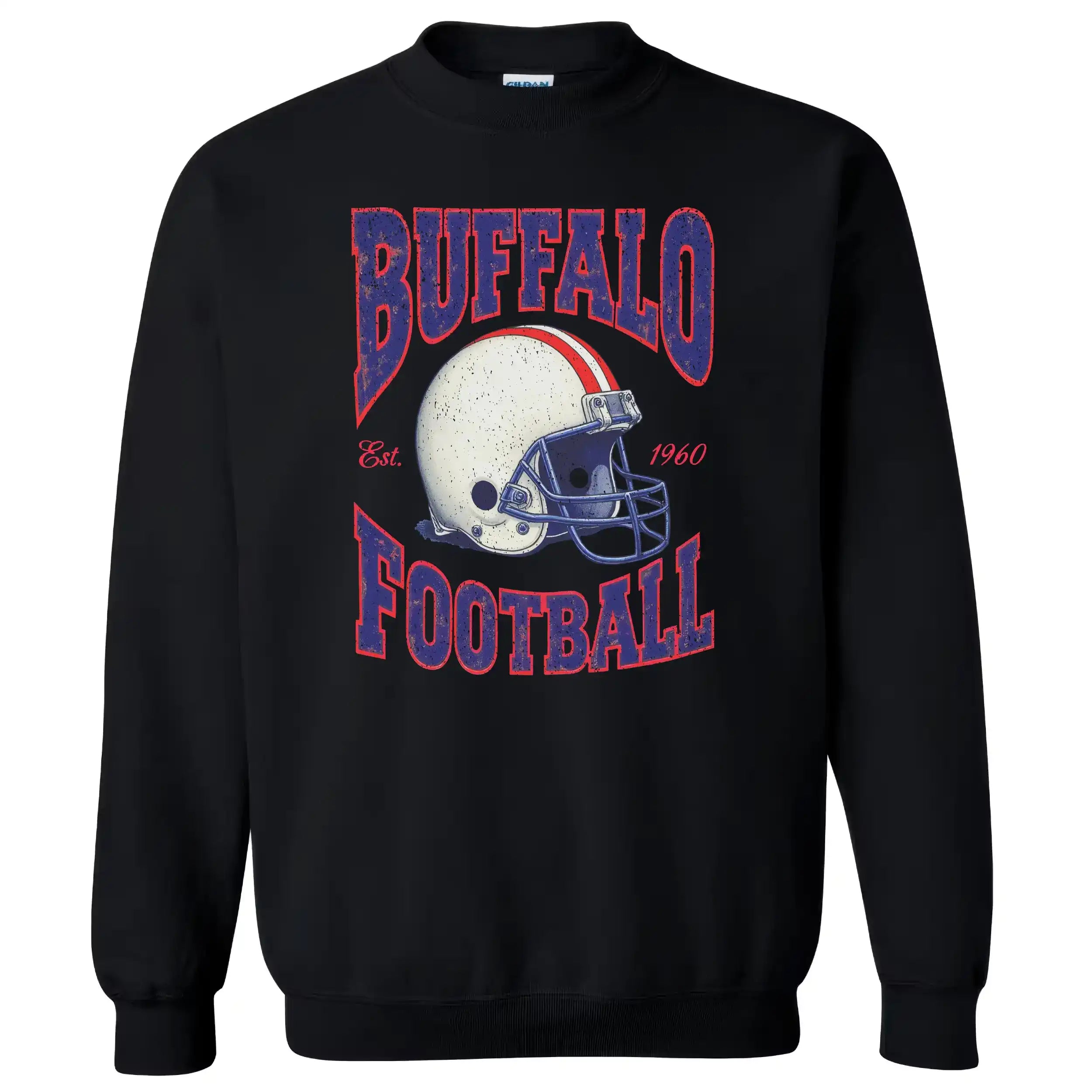 Black retro Buffalo Football 1990s style sweatshirt flat lay on white background