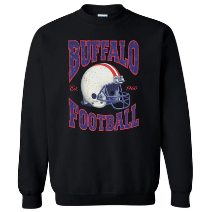 Black retro Buffalo Football 1990s style sweatshirt flat lay on white background
