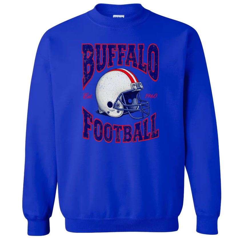 Blue Buffalo Football 90s throwback helmet sweatshirt flat lay on white background