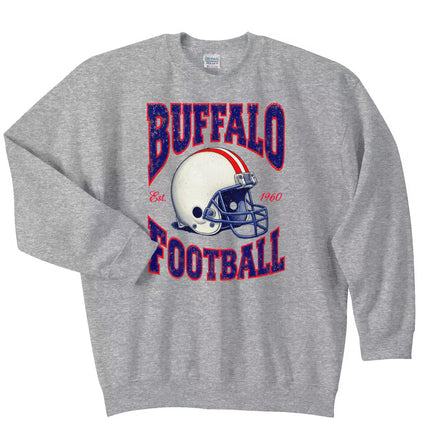 Gray Buffalo Football 1990s retro helmet sweatshirt flat lay on white background