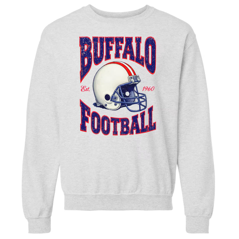 Light gray vintage Buffalo Football 1990s style sweatshirt flat lay on white background