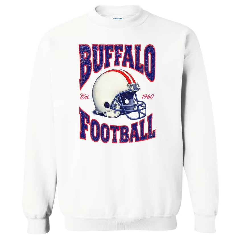 White Buffalo Football 90s nostalgia helmet sweatshirt flat lay on white background