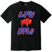 Black Buffalo football t-shirt featuring ‘LFG BFLO’ distressed red white and blue lettering with red buffalo silhouette graphic, bold tailgating apparel for Buffalo fans.