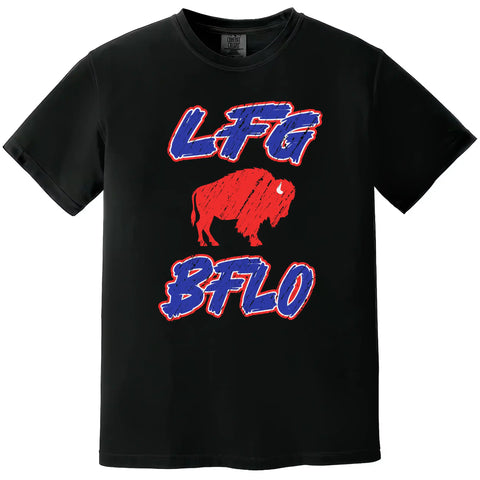 Black Buffalo football t-shirt featuring ‘LFG BFLO’ distressed red white and blue lettering with red buffalo silhouette graphic, bold tailgating apparel for Buffalo fans.