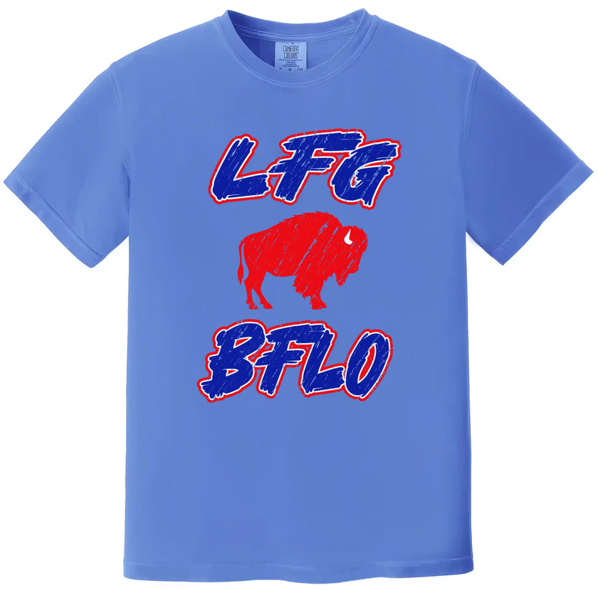 Blue Buffalo football t-shirt featuring ‘LFG BFLO’ distressed red white and blue lettering with red buffalo silhouette graphic, bold Buffalo game day apparel for fans.