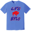Blue Buffalo football t-shirt featuring ‘LFG BFLO’ distressed red white and blue lettering with red buffalo silhouette graphic, bold Buffalo game day apparel for fans.