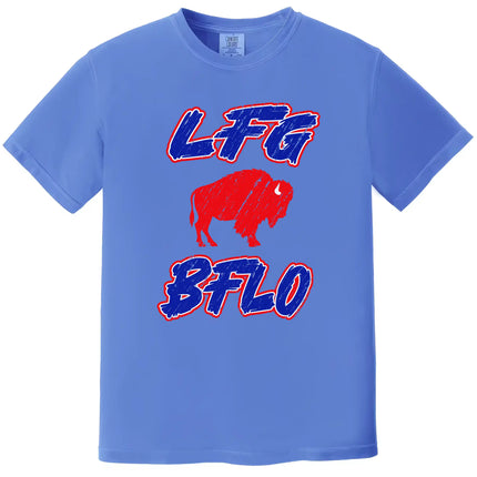 Blue Buffalo football t-shirt featuring ‘LFG BFLO’ distressed red white and blue lettering with red buffalo silhouette graphic, bold Buffalo game day apparel for fans.