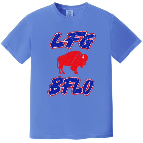 Blue Buffalo football t-shirt featuring ‘LFG BFLO’ distressed red white and blue lettering with red buffalo silhouette graphic, bold Buffalo game day apparel for fans.