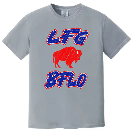 Grey Buffalo football t-shirt featuring ‘LFG BFLO’ distressed red white and blue lettering with red buffalo silhouette graphic, Buffalo football fan tailgating shirt.