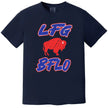 Navy Buffalo football t-shirt featuring ‘LFG BFLO’ distressed red white and blue lettering with red buffalo silhouette graphic, Buffalo tailgating and game day apparel.