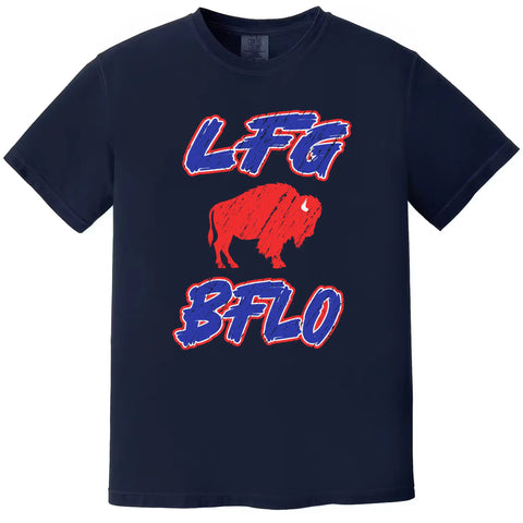 Navy Buffalo football t-shirt featuring ‘LFG BFLO’ distressed red white and blue lettering with red buffalo silhouette graphic, Buffalo tailgating and game day apparel.