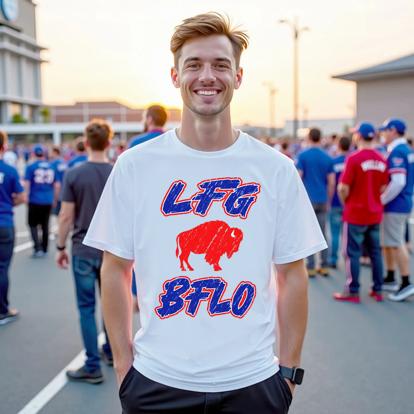 Male model wearing white ‘LFG BFLO’ Buffalo football t-shirt with distressed red white and blue lettering and red buffalo silhouette at Buffalo football stadium parking lot tailgate scene.