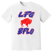 White Buffalo football t-shirt featuring ‘LFG BFLO’ distressed red white and blue lettering with red buffalo silhouette graphic, bold Buffalo game day tailgating shirt.