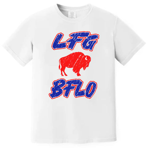 White Buffalo football t-shirt featuring ‘LFG BFLO’ distressed red white and blue lettering with red buffalo silhouette graphic, bold Buffalo game day tailgating shirt.
