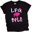 black women’s Buffalo football LFG BFLO graphic t-shirt featuring distressed hot pink lettering and buffalo silhouette design, bold game day tailgate apparel.