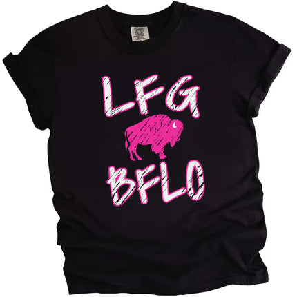 black women’s Buffalo football LFG BFLO graphic t-shirt featuring distressed hot pink lettering and buffalo silhouette design, bold game day tailgate apparel.