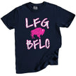 Navy women’s Buffalo football LFG BFLO graphic t-shirt featuring distressed hot pink lettering and buffalo silhouette design, Buffalo game day fan apparel.