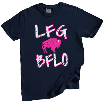 Navy women’s Buffalo football LFG BFLO graphic t-shirt featuring distressed hot pink lettering and buffalo silhouette design, Buffalo game day fan apparel.