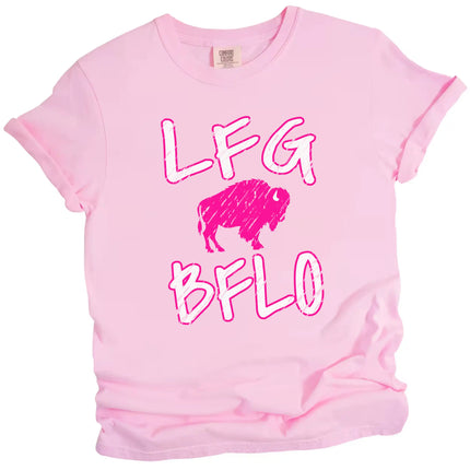 Pink women’s Buffalo football LFG BFLO graphic t-shirt featuring distressed hot pink lettering and buffalo silhouette design, bold Buffalo football tailgate shirt for women.