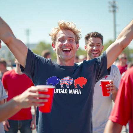 Male tailgating at Buffalo football stadium parking lot wearing navy ‘Buffalo Mafia’ t-shirt, celebrating with arms raised while surrounded by fans at Buffalo game day tailgate party.
