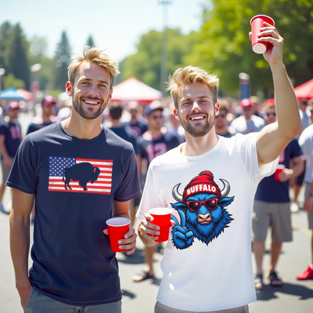 Two men wearing Buffalo football t-shirts with graphic designs, one with an American flag and buffalo, the other with a blue buffalo in a red hat, tailgating for the Buffalo football game in the parking lot.