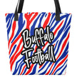 Close up view of Buffalo football tote bag featuring red white and blue striped design with fancy Buffalo Football lettering and black handles, all-over-print daily carryall.