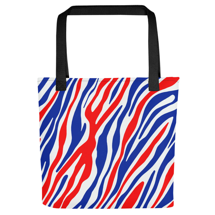 Back view of Buffalo football tote bag with red white and blue striped all-over-print design and durable black handles.