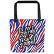 Buffalo football tote bag featuring red white and blue striped design with fancy Buffalo Football lettering and black handles, all-over-print game day carryall.