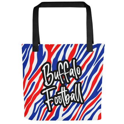 Buffalo football tote bag featuring red white and blue striped design with fancy Buffalo Football lettering and black handles, all-over-print game day carryall.