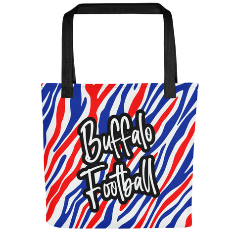 Buffalo football tote bag featuring red white and blue striped design with fancy Buffalo Football lettering and black handles, all-over-print game day carryall.