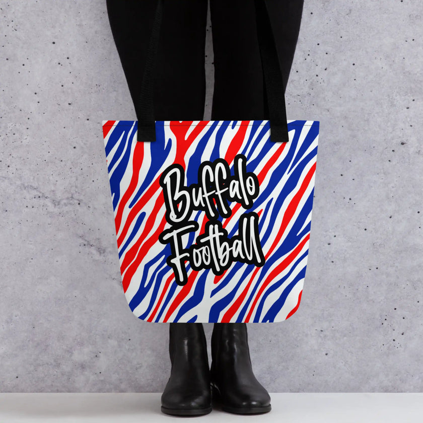 Modern Buffalo football tote bag with wild red white and blue team colors stripes and Buffalo Football lettering, stylish game day bag for groceries and daily use.