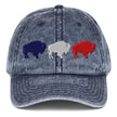 Navy vintage cotton twill cap featuring embroidered red white and blue Buffalo football trio silhouettes on front, clean Buffalo fan hat design.