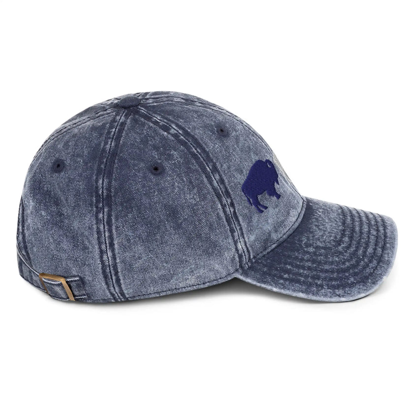 Navy vintage cotton twill cap right side view with Buffalo football trio embroidered design, red white blue Buffalo themed hat.