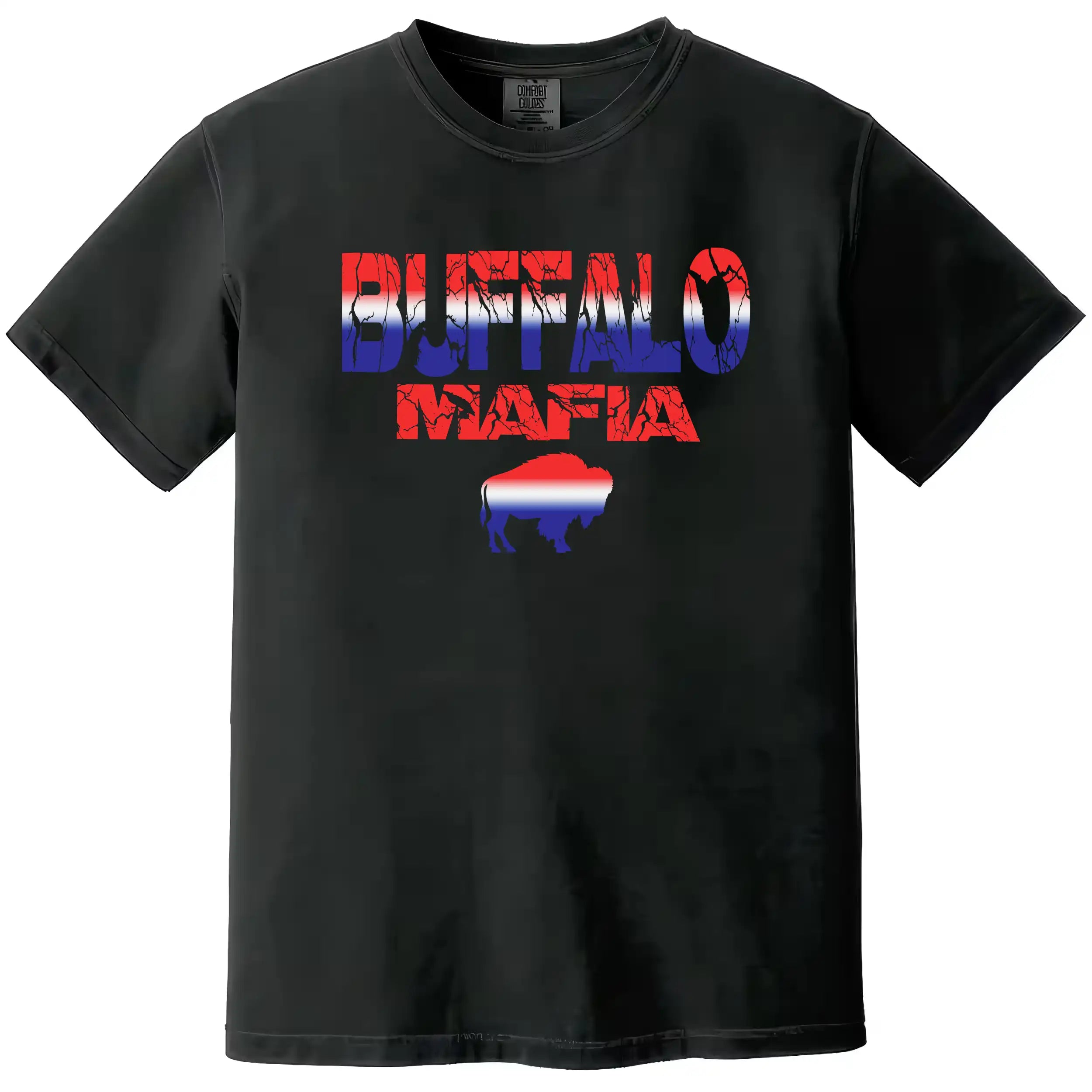 Buffalo Mafia t-shirt in black, cracked lettering over buffalo silhouette filled with red white and blue gradient, Buffalo football fan graphic tee.
