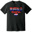 Buffalo Mafia t-shirt in black, cracked lettering over buffalo silhouette filled with red white and blue gradient, Buffalo football fan graphic tee.