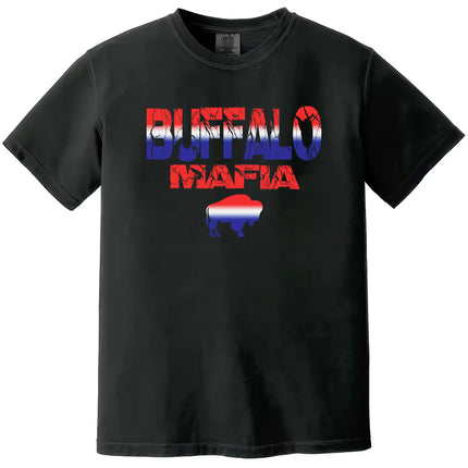 Buffalo Mafia t-shirt in black, cracked lettering over buffalo silhouette filled with red white and blue gradient, Buffalo football fan graphic tee.