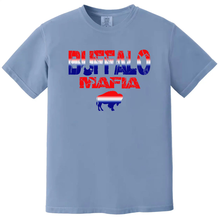 Buffalo Mafia graphic tee in light blue, red white and blue gradient buffalo design with cracked lettering, Buffalo fan football shirt.