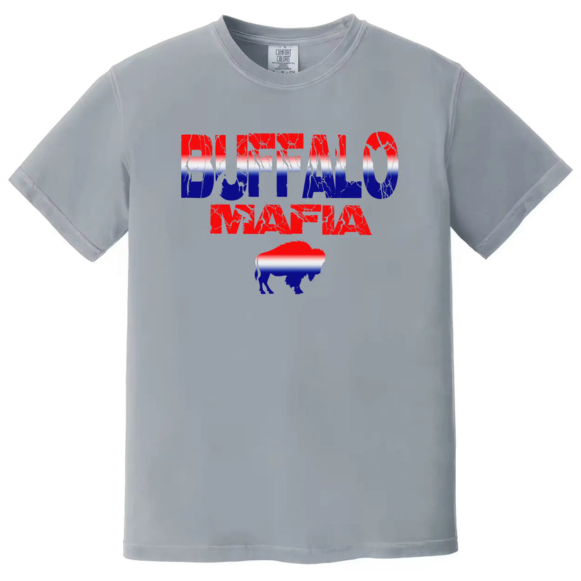 Buffalo Mafia football t-shirt in grey, bold cracked text over buffalo shape filled with red white and blue gradient, Buffalo pride fan tee