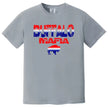 Buffalo Mafia football t-shirt in grey, bold cracked text over buffalo shape filled with red white and blue gradient, Buffalo pride fan tee